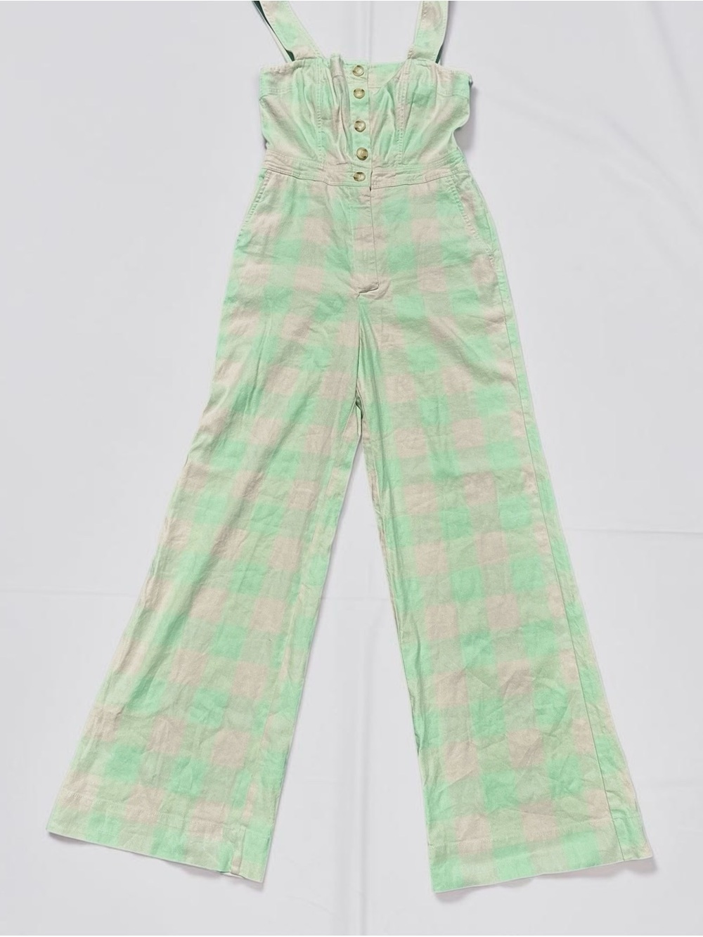 Anthropologie Maeve Mint Gingham Wide Leg Button Front Linen Blend Jumpsuit NWOT